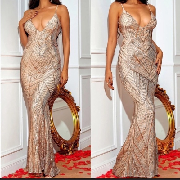 Luxe mermaid hem backless party formal wedding sequin gown dress - Picture 2 of 14